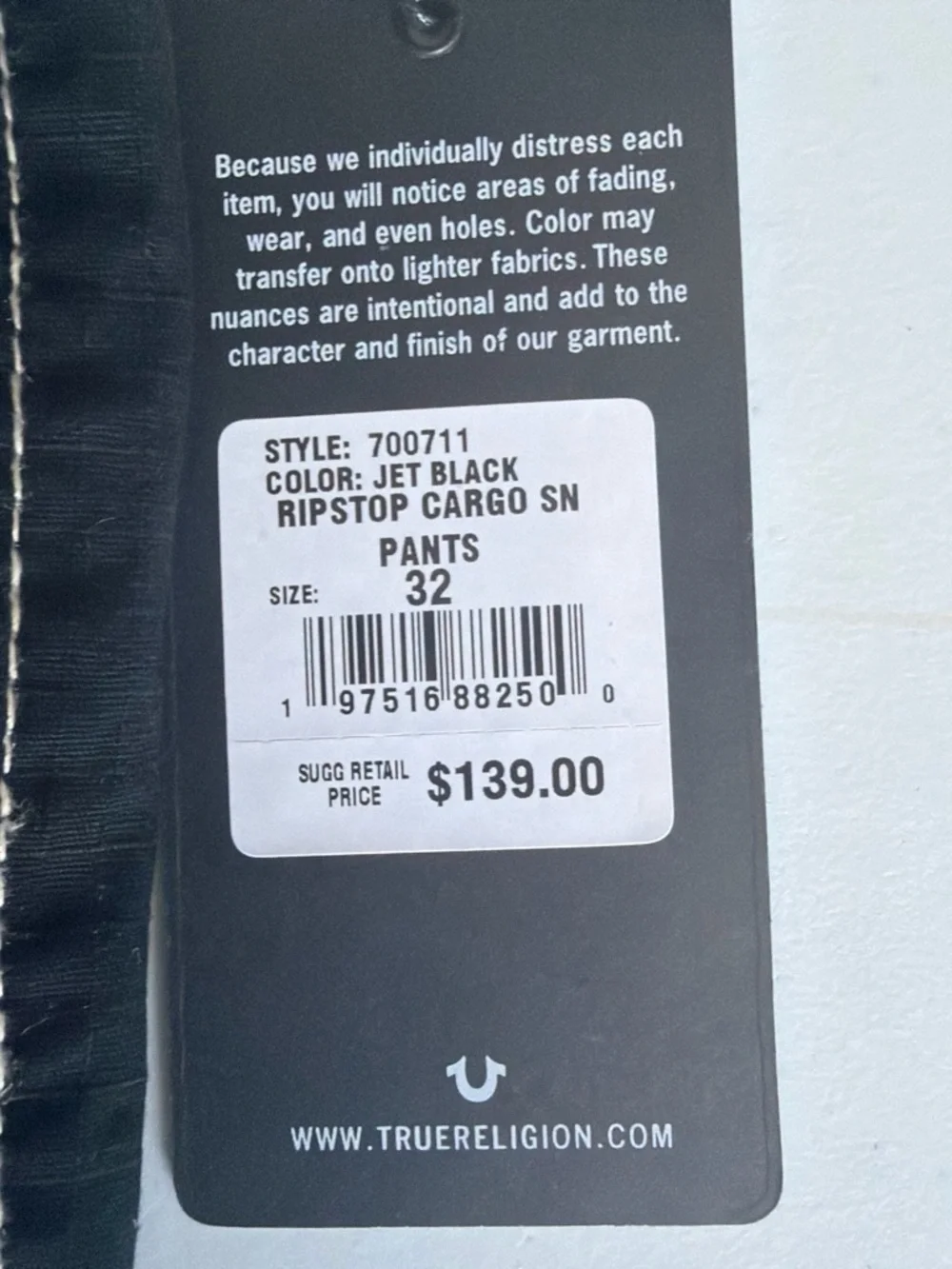 True Religion Jet Black Ripstop Cargo Pants